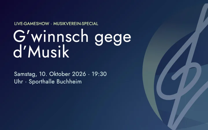 Grafik: G’winnsch gege d’Musik am 10. Oktober 2026, 19:30 Uhr, Sporthalle Buchheim