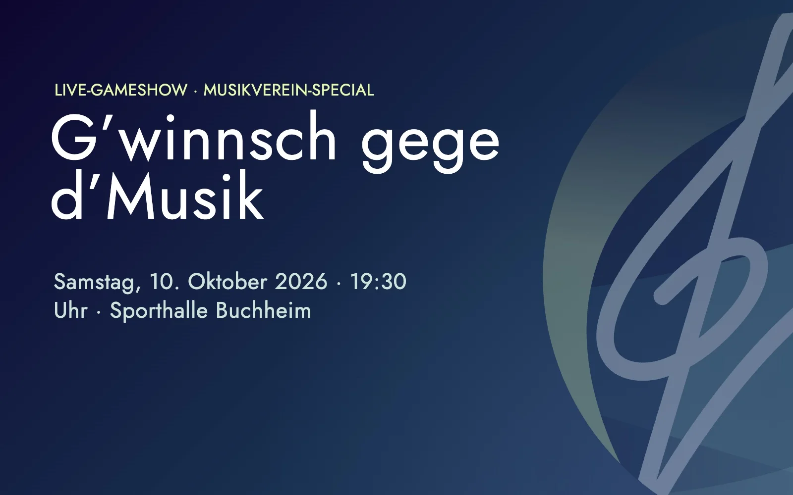 Grafik: G’winnsch gege d’Musik am 10. Oktober 2026, 19:30 Uhr, Sporthalle Buchheim