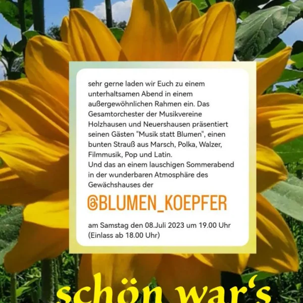 Plakat: Konzert im Gewächshaus – „Musik statt Blumen“